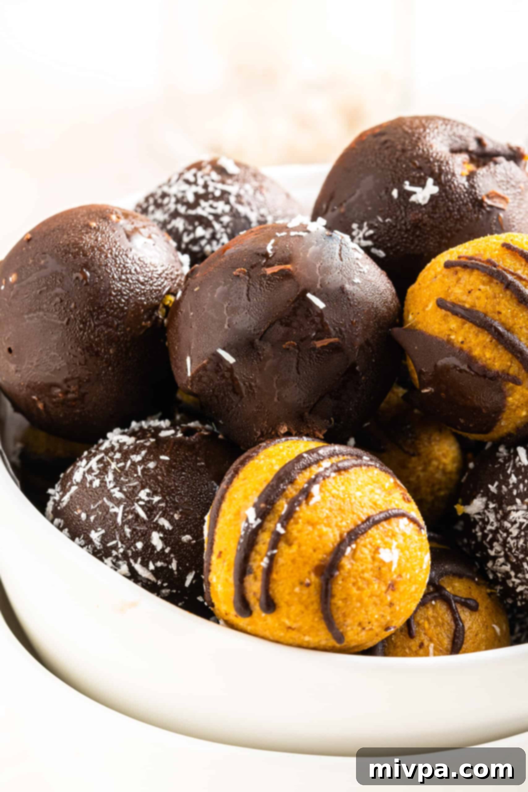 No-Bake Pumpkin Truffles (Gluten-Free, Vegan) A beautiful bowl filled with finished no-bake chocolate pumpkin truffles, perfectly chilled and ready to serve.