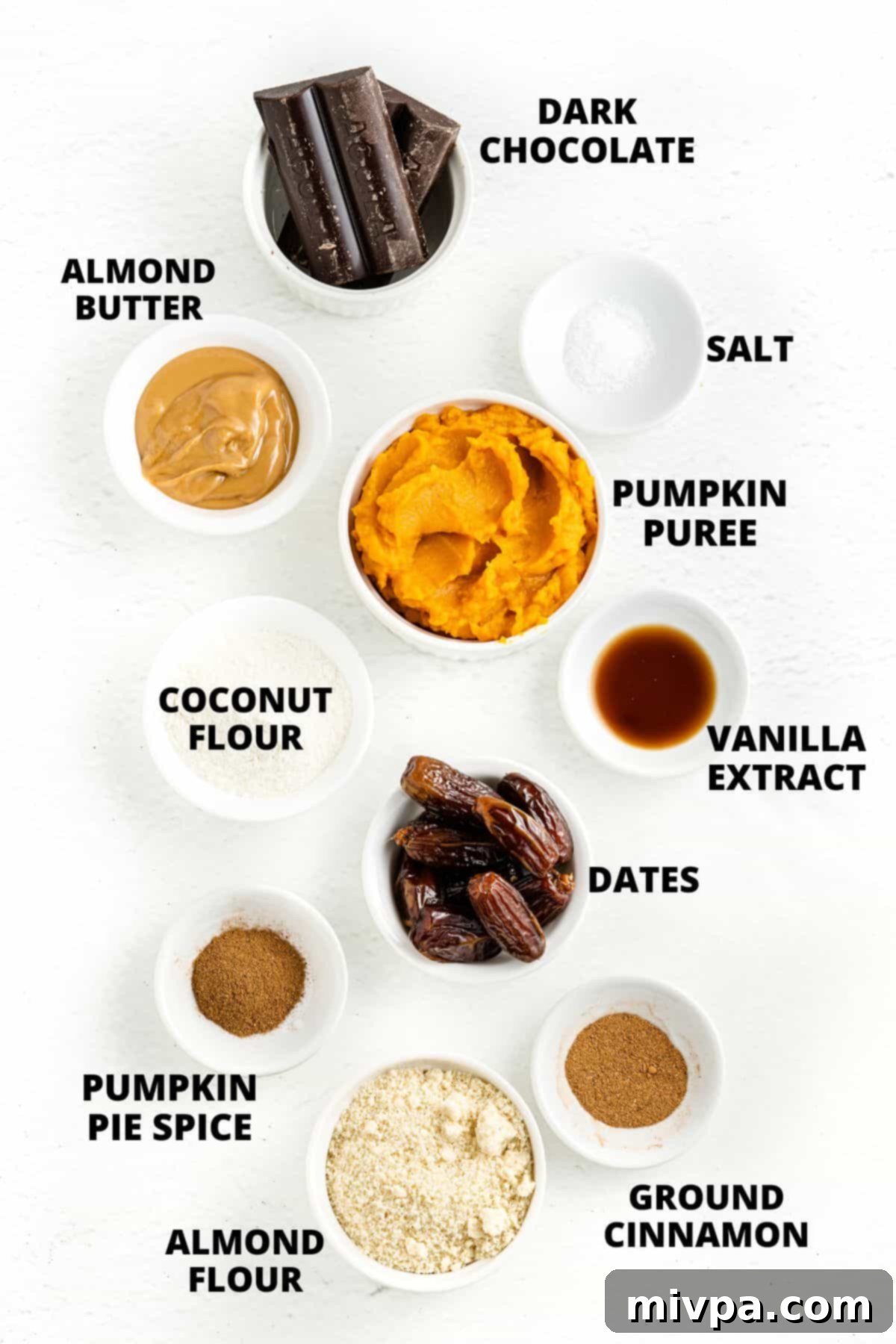 No-Bake Pumpkin Pie Truffles (Gluten-Free, Vegan) A flat lay of all the essential ingredients required for the no-bake chocolate pumpkin truffles recipe.