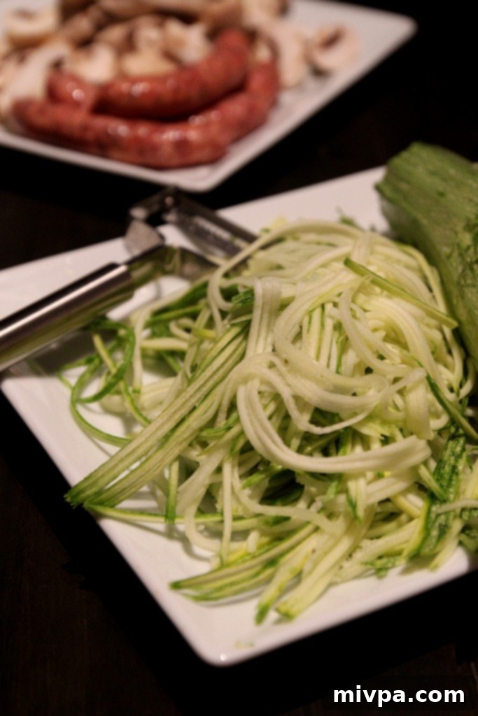 Mushroom and Sausage Zucchini Noodles 4 Close-up of Zucchini Noodles with Savory Toppings