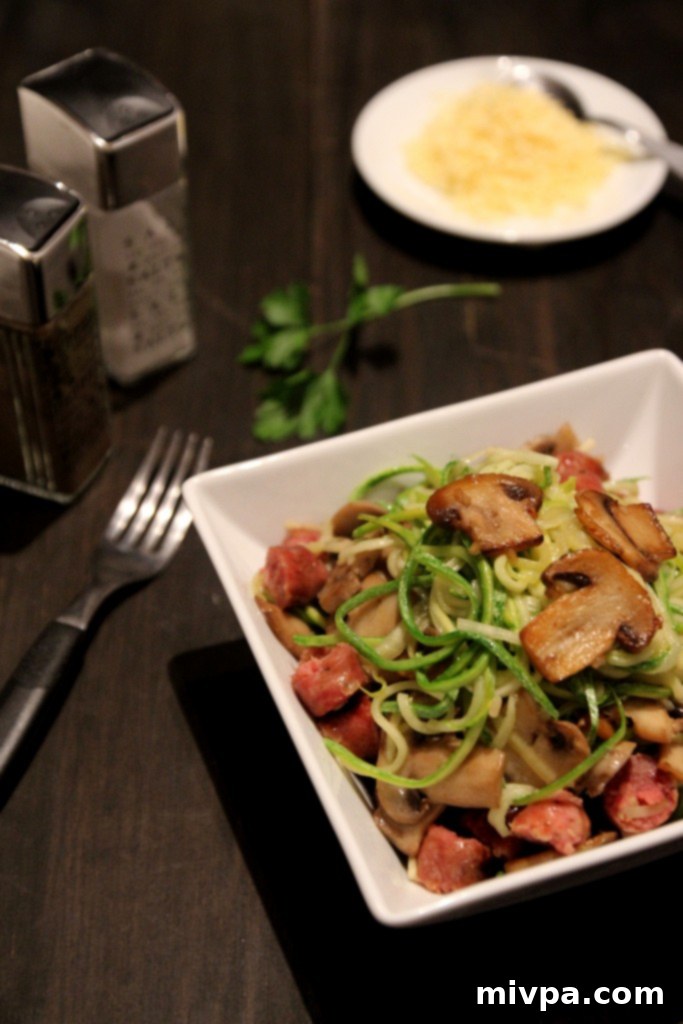 Mushroom and Sausage Zucchini Noodles 5 Plated Mushroom and Sausage Zucchini Noodles
