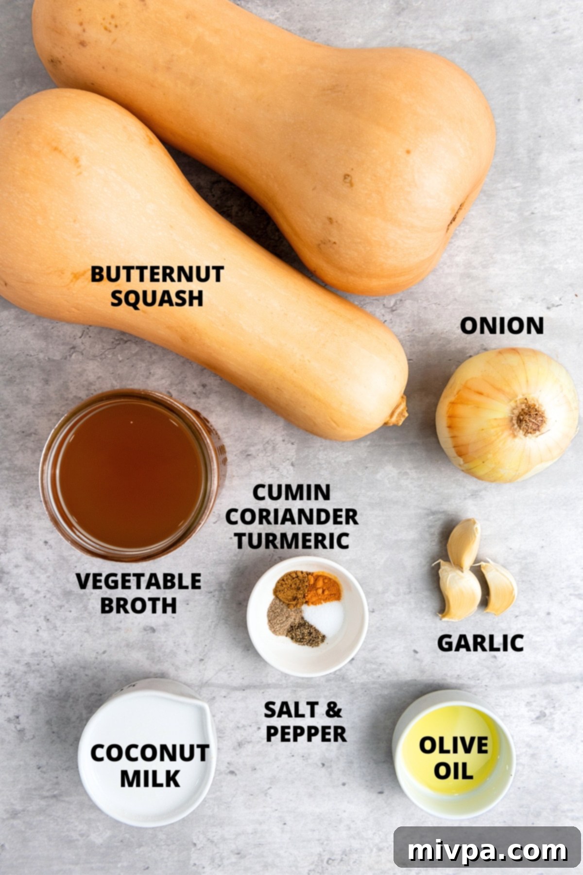 Savory Butternut Squash Soup Recipe (Gluten-Free, Vegan) Ingredients for butternut squash soup recipe laid out on board.