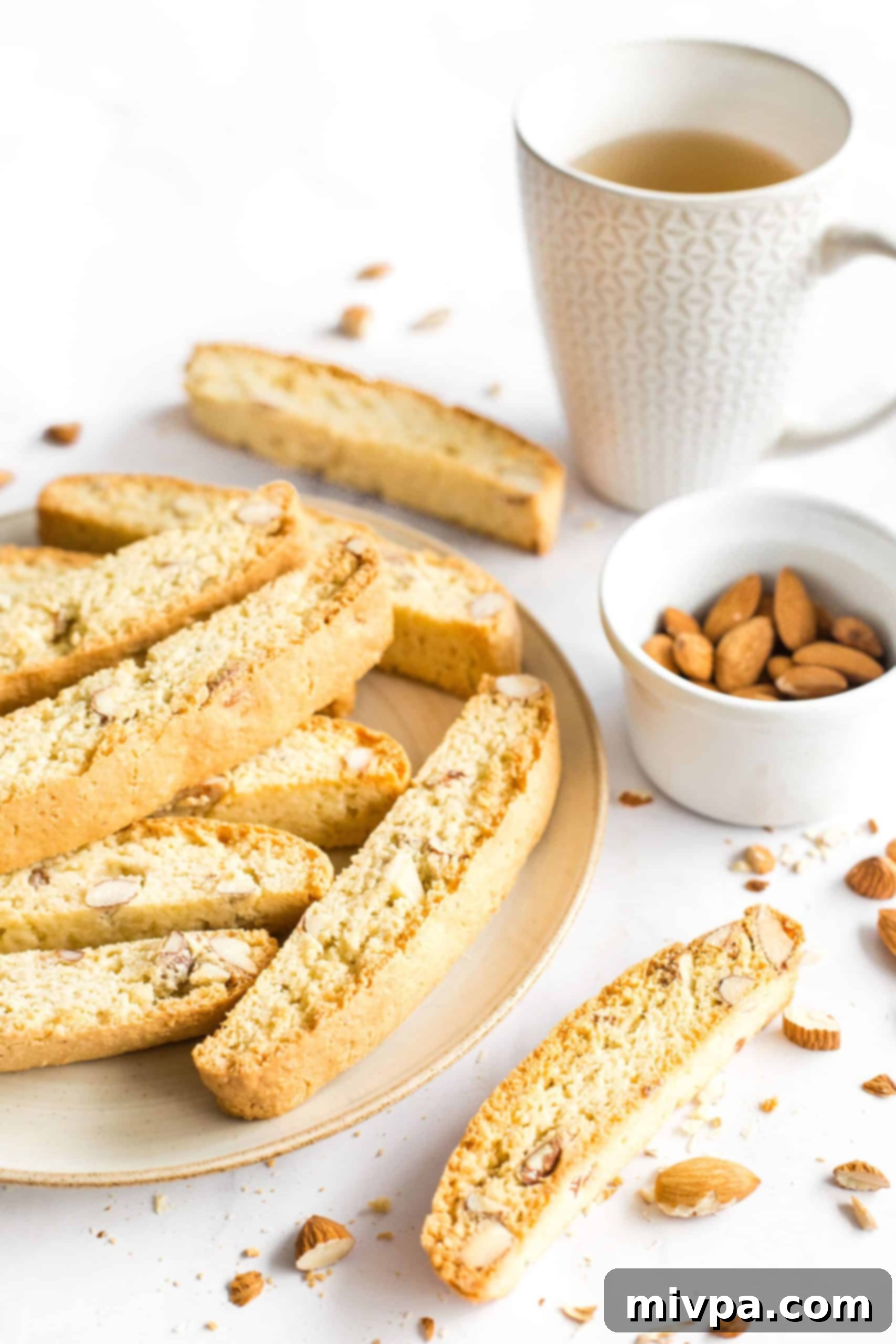 An inviting plate of golden-brown gluten-free almond biscotti, artfully arranged beside a cup of steaming tea and raw almonds, all resting on a elegant marble board.