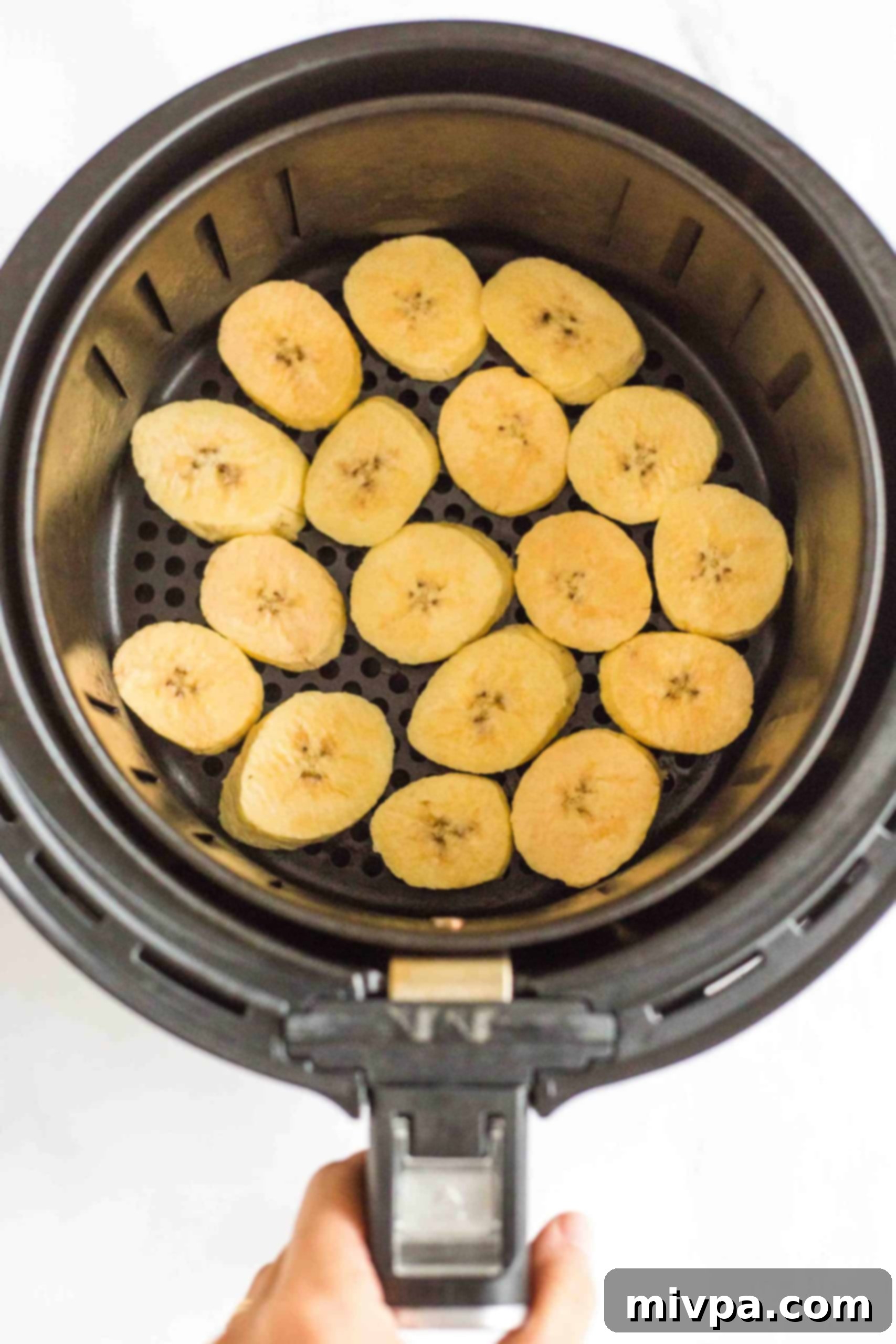 Sliced plantains in a single layer in air fryer basket.