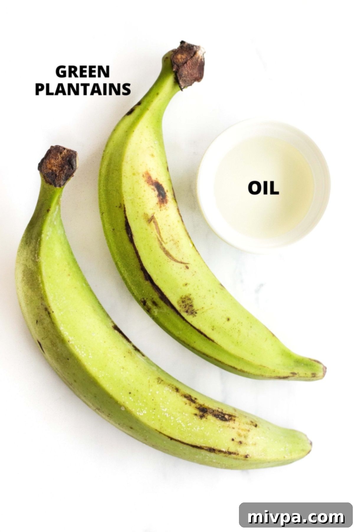 Labeled ingredients required for making air fryer plantains recipe.