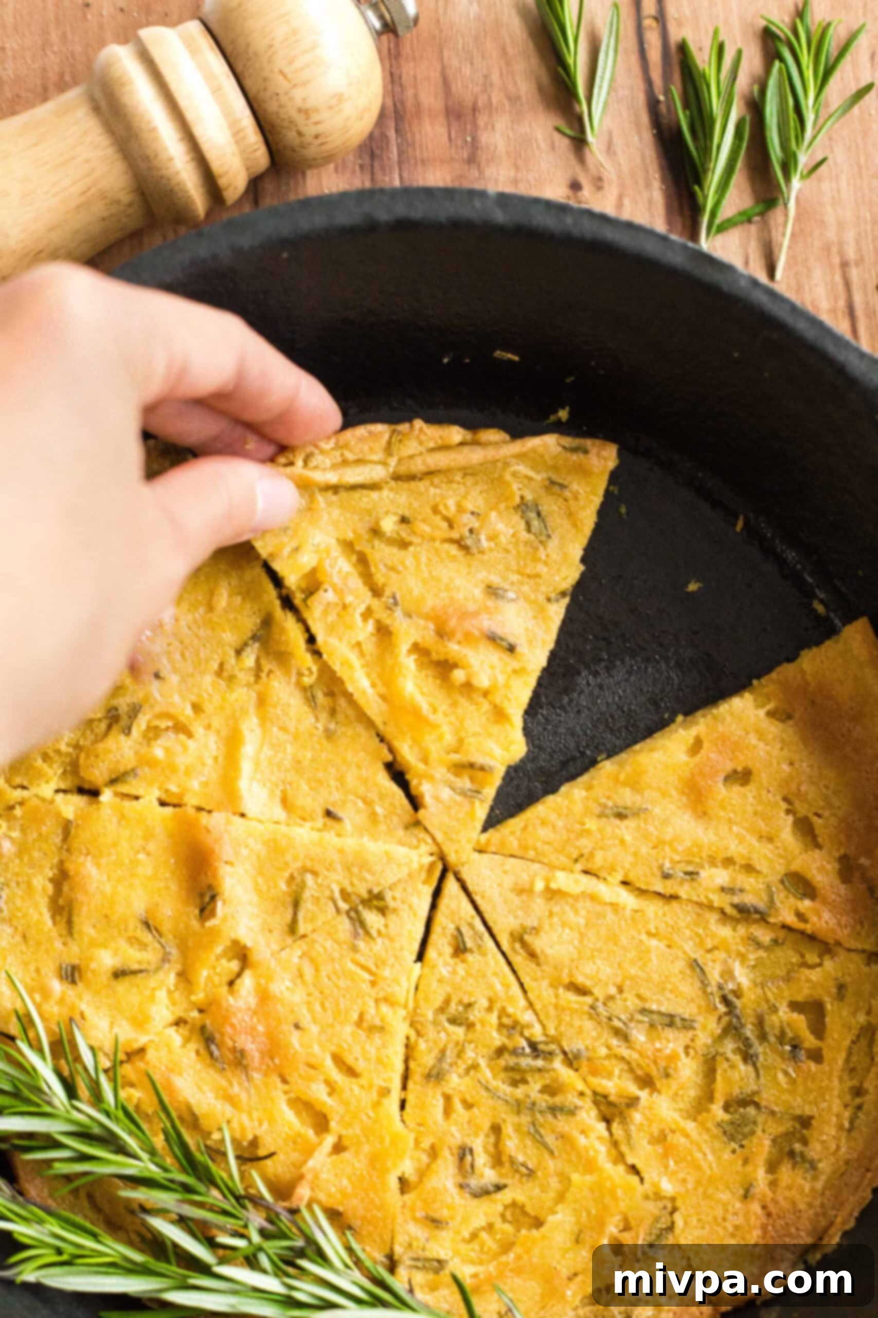 Easy Farinata Recipe - Chickpea Flatbread (Gluten-Free, Vegan) A hand reaching for a warm slice of farinata, showcasing its appealing golden crust and inviting texture.