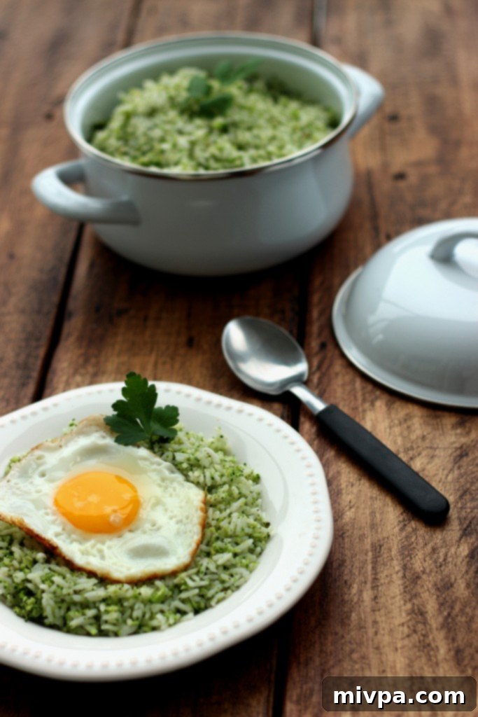 A bowl of freshly prepared Easy Broccoli Garlic Rice, garnished and ready to serve