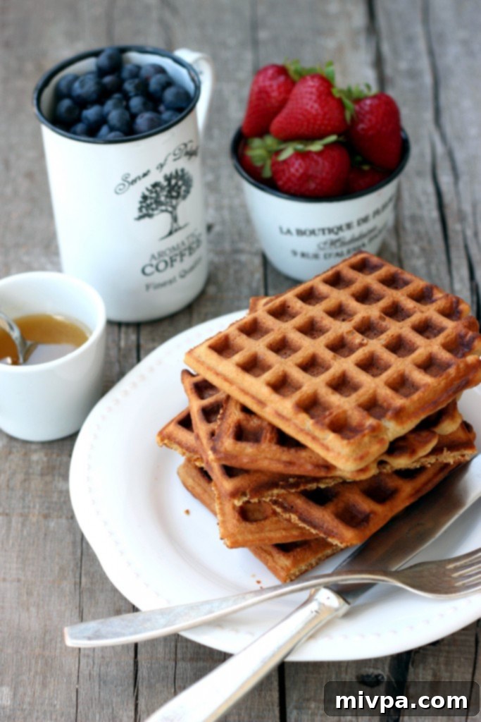 A plate full of crispy oat waffles, ready to be enjoyed.