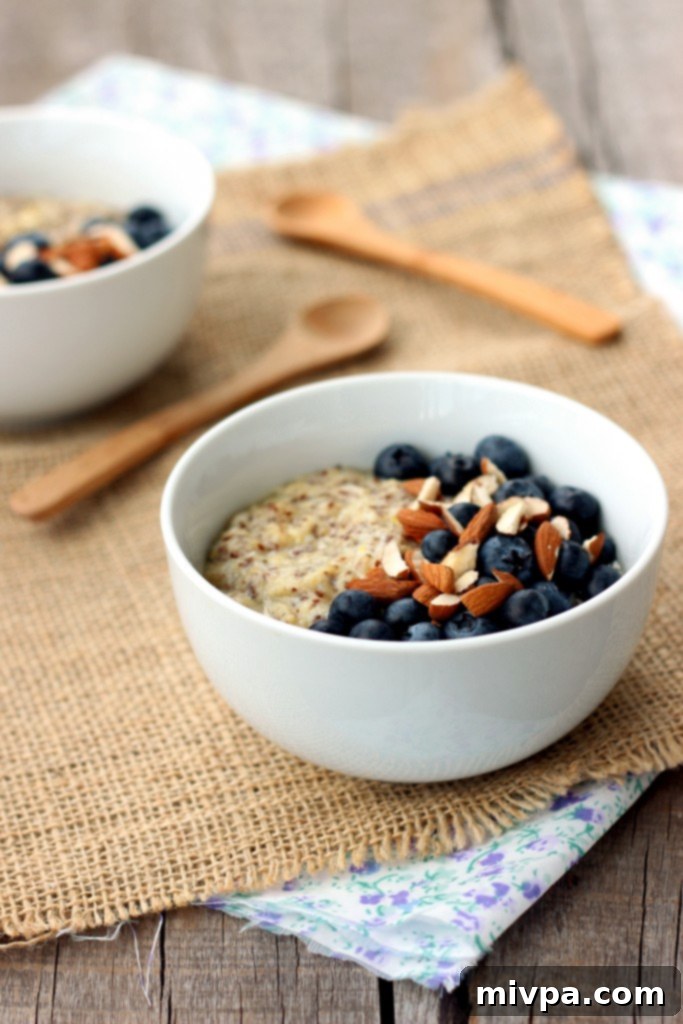 Close-up of freshly prepared Blueberry & Almond Flaxseed Porridge, ready to be enjoyed as a healthy breakfast