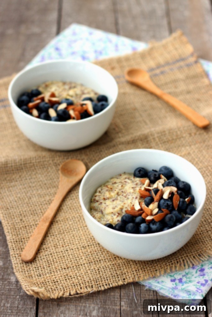 Another angle of Blueberry & Almond Flaxseed Porridge, emphasizing its delicious appeal