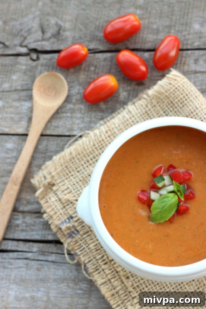 Blended Tomato & Bell Pepper Gazpacho, showcasing its smooth texture.