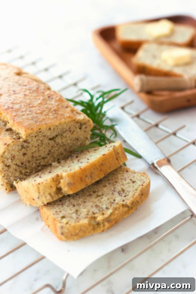 Close-up of a slice of Grain-free Rosemary Almond Bread