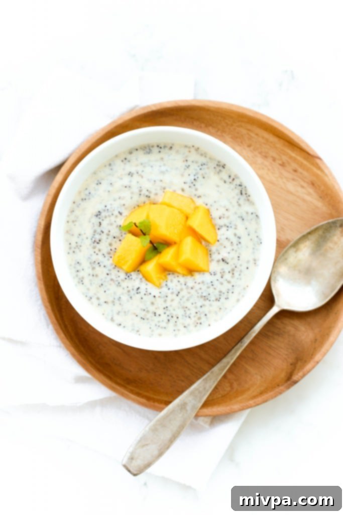 Mango Chia Pudding (Gluten-Free, Vegan) Top down view of a bowl of mango chia seed pudding on a wooden plate, garnished with fresh mango cubes and mint.