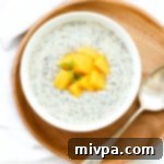 Tropical Vegan Gluten-Free Mango Chia Pudding 2 A creamy bowl of Mango Chia Seed Pudding, topped with fresh mango cubes.