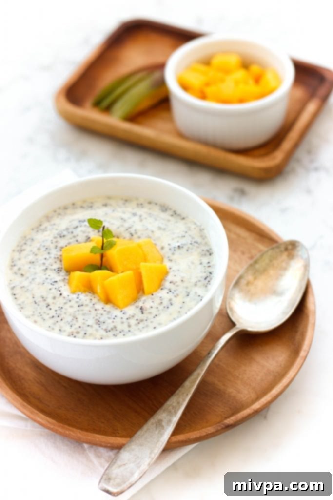 Mango Chia Seed Pudding (Gluten-Free, Vegan) Up close view of a bowl of chia seed pudding topped with cubes of fresh mango and mint leaves.
