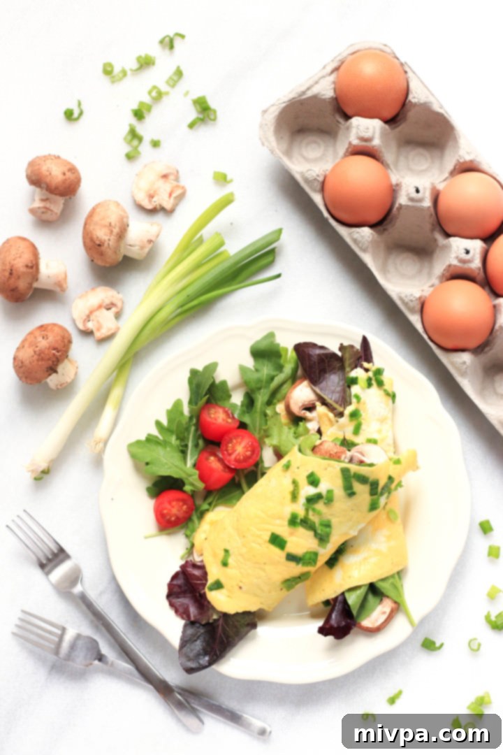 Spinach Mushroom Omelet (Gluten-Free, Dairy-Free) Omelet Wraps with Spinach, Lettuce and Mushrooms plated beautifully, ready to be enjoyed as a healthy meal.