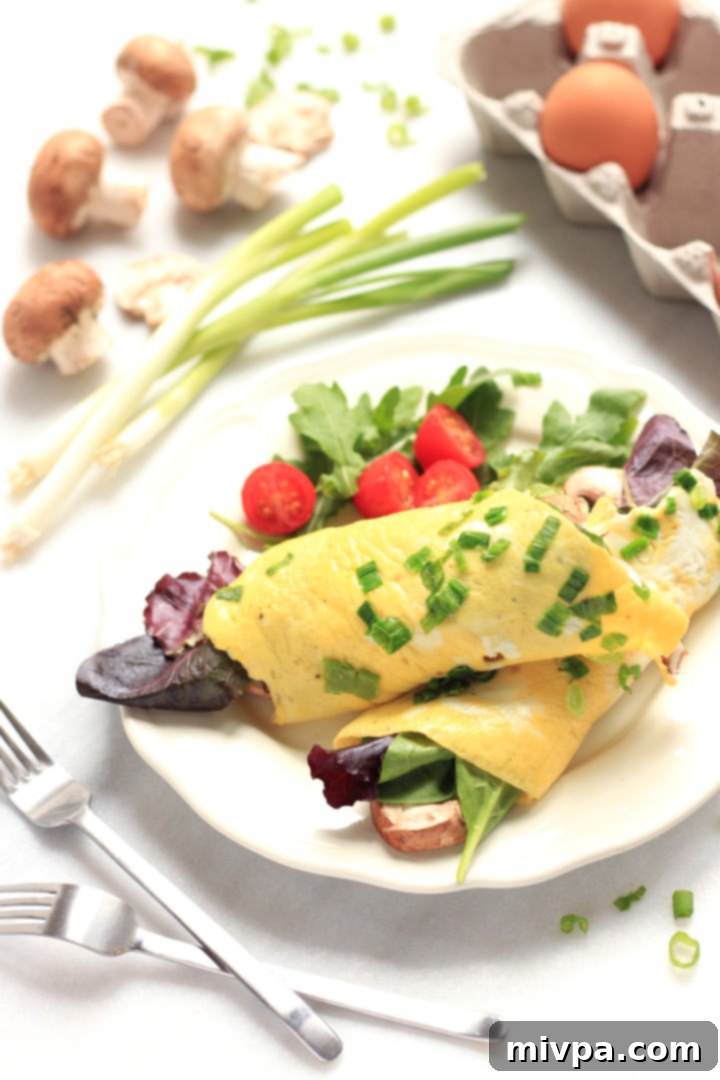 Spinach Mushroom Omelet (Gluten-Free, Dairy-Free) Up close shot of a delicious spinach mushroom omelet, highlighting the fresh ingredients.