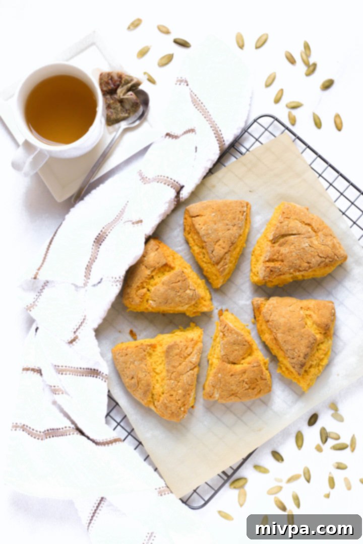 Top down shot of GF pumpkin scones, a cup of tea and a kitchen towel.