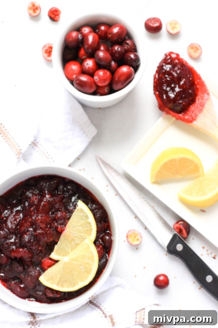 Gluten-Free Vegan Cranberry Sauce A bowl of gluten-free cranberry sauce on the table.
