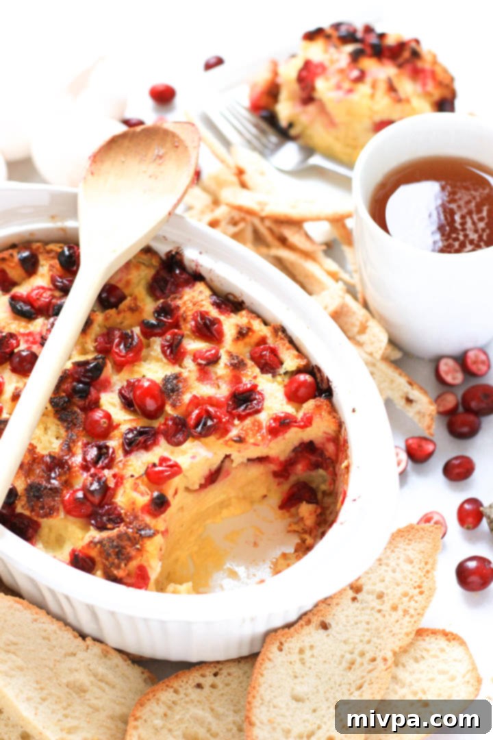 Cranberry Bread Pudding (Gluten-Free, Dairy-Free) A warm, freshly baked gluten-free and dairy-free cranberry bread pudding in a white casserole dish, ready to be served.