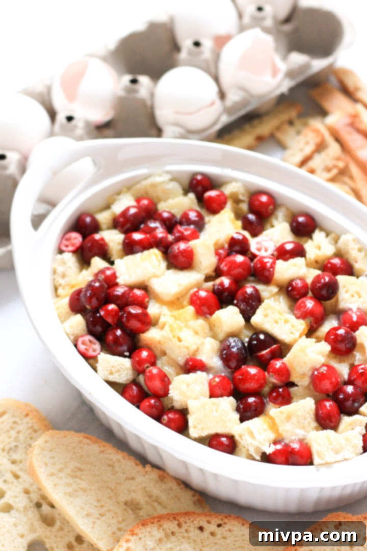 Cranberry Bread Pudding (Gluten-Free, Dairy-Free) Unbaked cranberry bread pudding with bread cubes and fresh cranberries soaking in custard in a casserole dish.