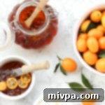 Easy Pectin Free Gluten Free Vegan Kumquat Marmalade Recipe 2 Easy homemade kumquat marmalade recipe card image. A close-up of the golden marmalade in a jar, ready to be served.