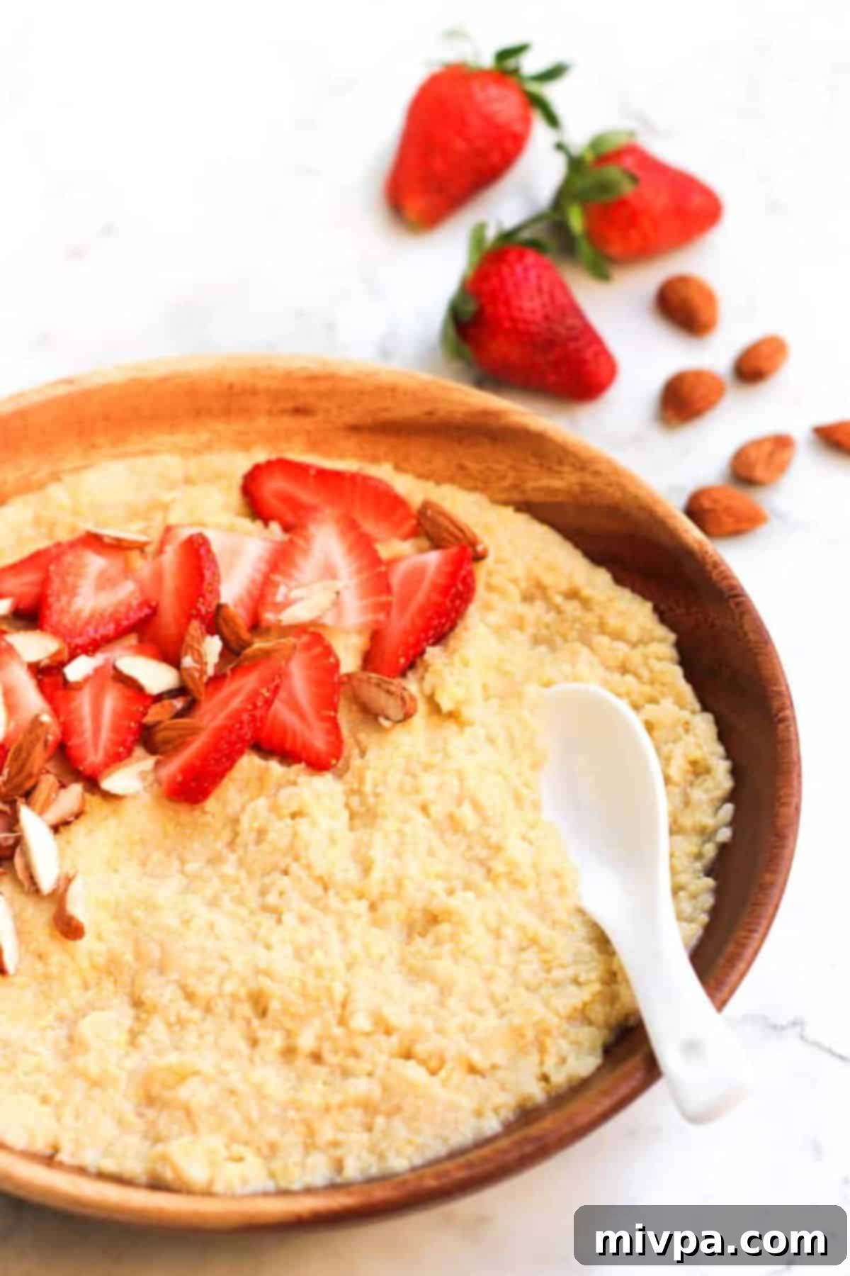 Up close shot of bowl of millet porridge.