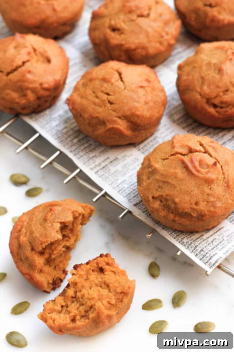A gluten-free dairy-free pumpkin muffin expertly cut in half, showcasing its incredibly moist and tender crumb, with other muffins visible in the soft background.