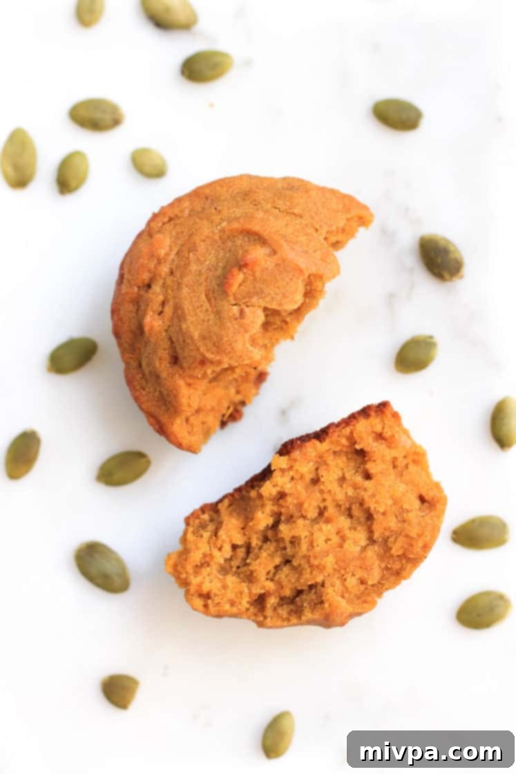Close-up of a perfectly baked gluten-free pumpkin muffin, cut in half to reveal its tender, moist interior.