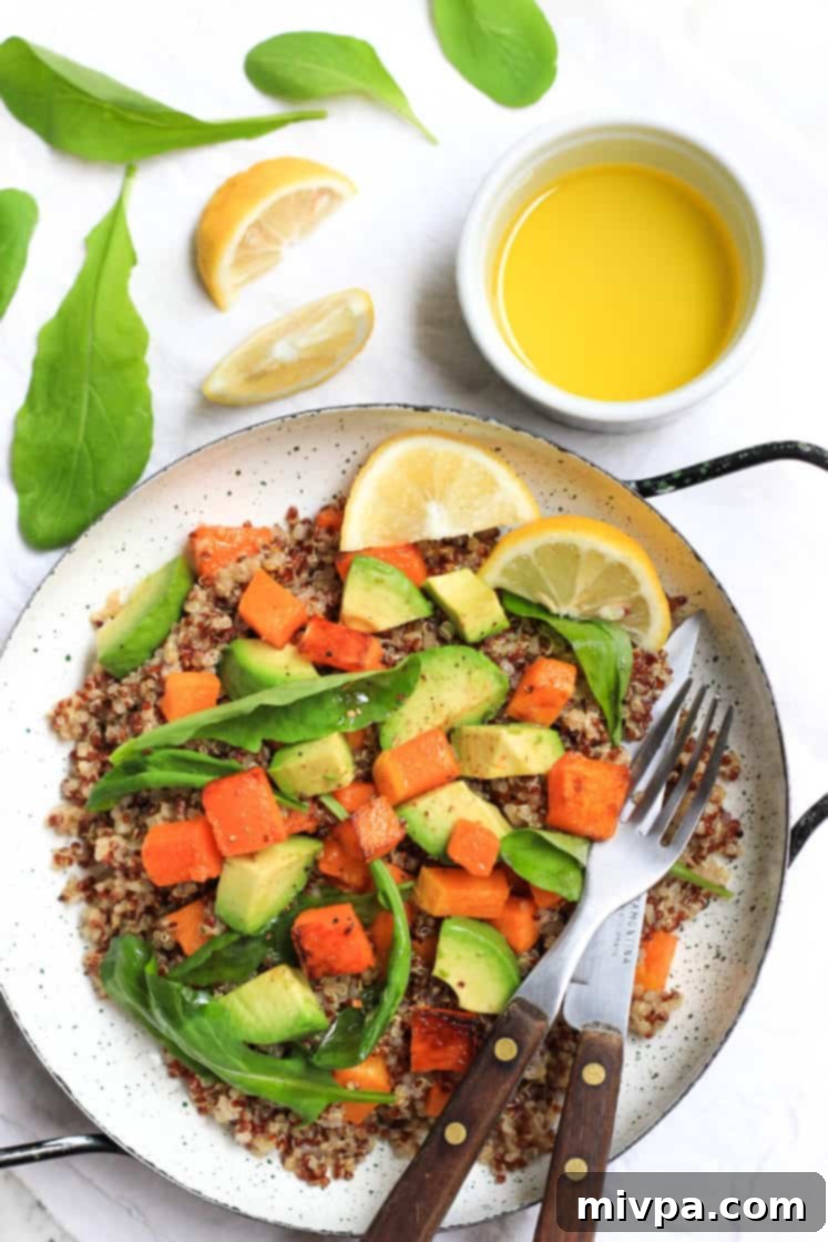 Warm Quinoa Salad with Butternut Squash, Avocado and Arugula (Gluten-free, Vegan)