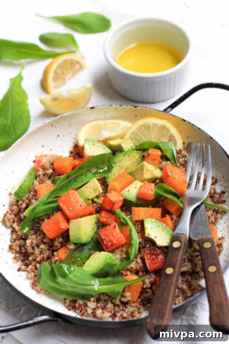 Warm Quinoa Salad with Butternut Squash, Avocado and Arugula (Gluten-free, Vegan)