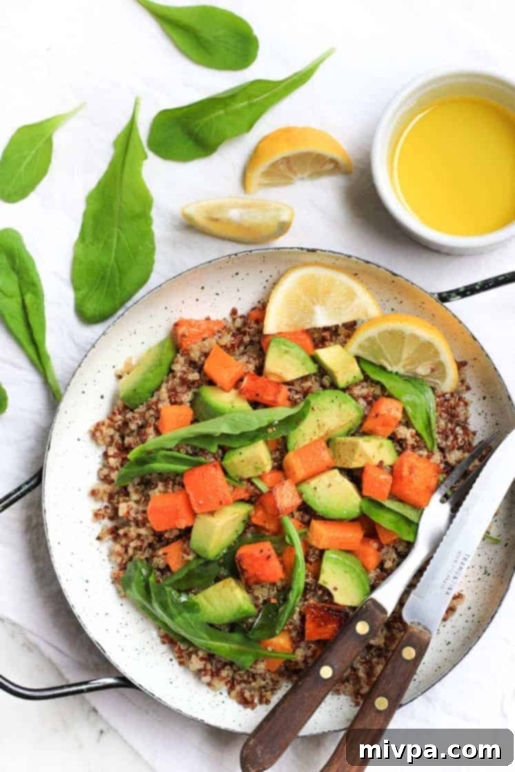 Warm Quinoa Salad with Butternut Squash, Avocado and Arugula (Gluten-free, Vegan)