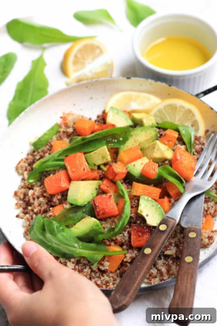 Warm Quinoa Salad with Butternut Squash, Avocado and Arugula (Gluten-free, Vegan)