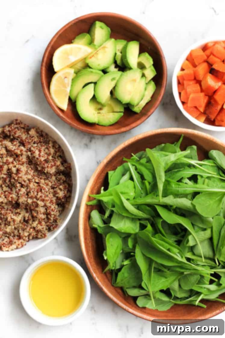 Warm Quinoa Salad with Butternut Squash, Avocado and Arugula (Gluten-free, Vegan)