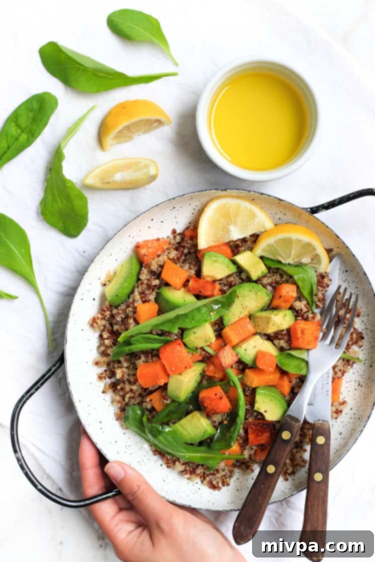 Warm Quinoa Salad with Butternut Squash, Avocado and Arugula (Gluten-free, Vegan)