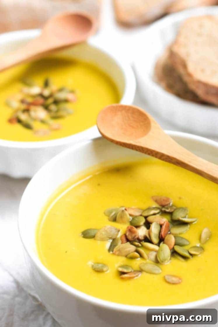 Creamy Vegan Pumpkin Soup (Gluten-free) A close up shot of vegan pumpkin soup sprinkled with pumpkin seeds in a white bowl.