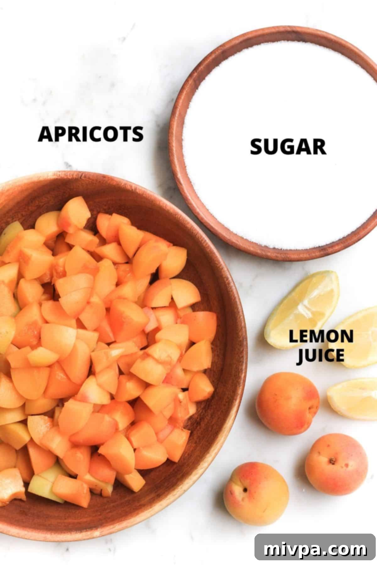Labeled ingredients for making easy apricot jam recipe.