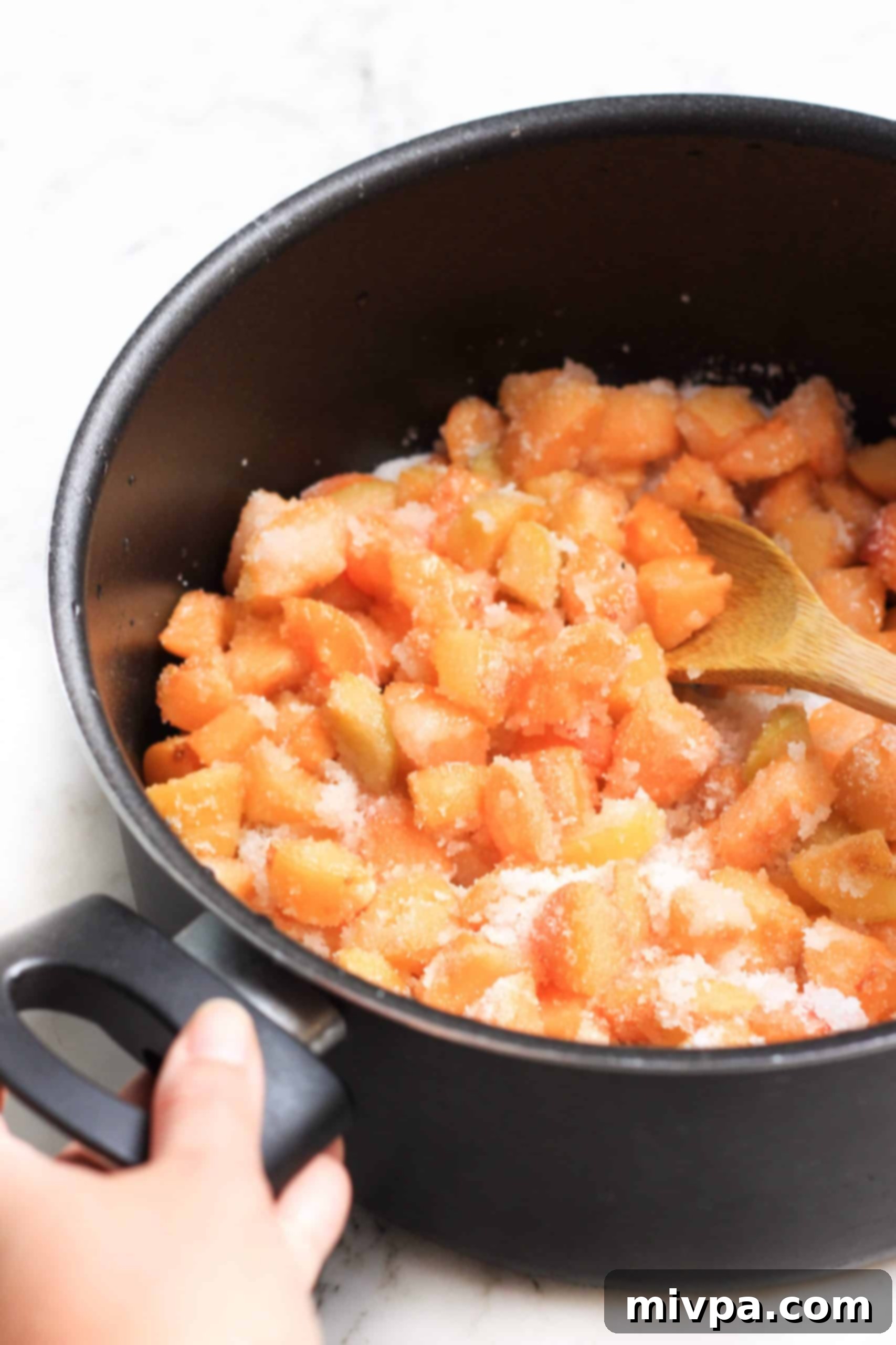 Mixing sugar, cut apricots and lemon juice in a large pot.