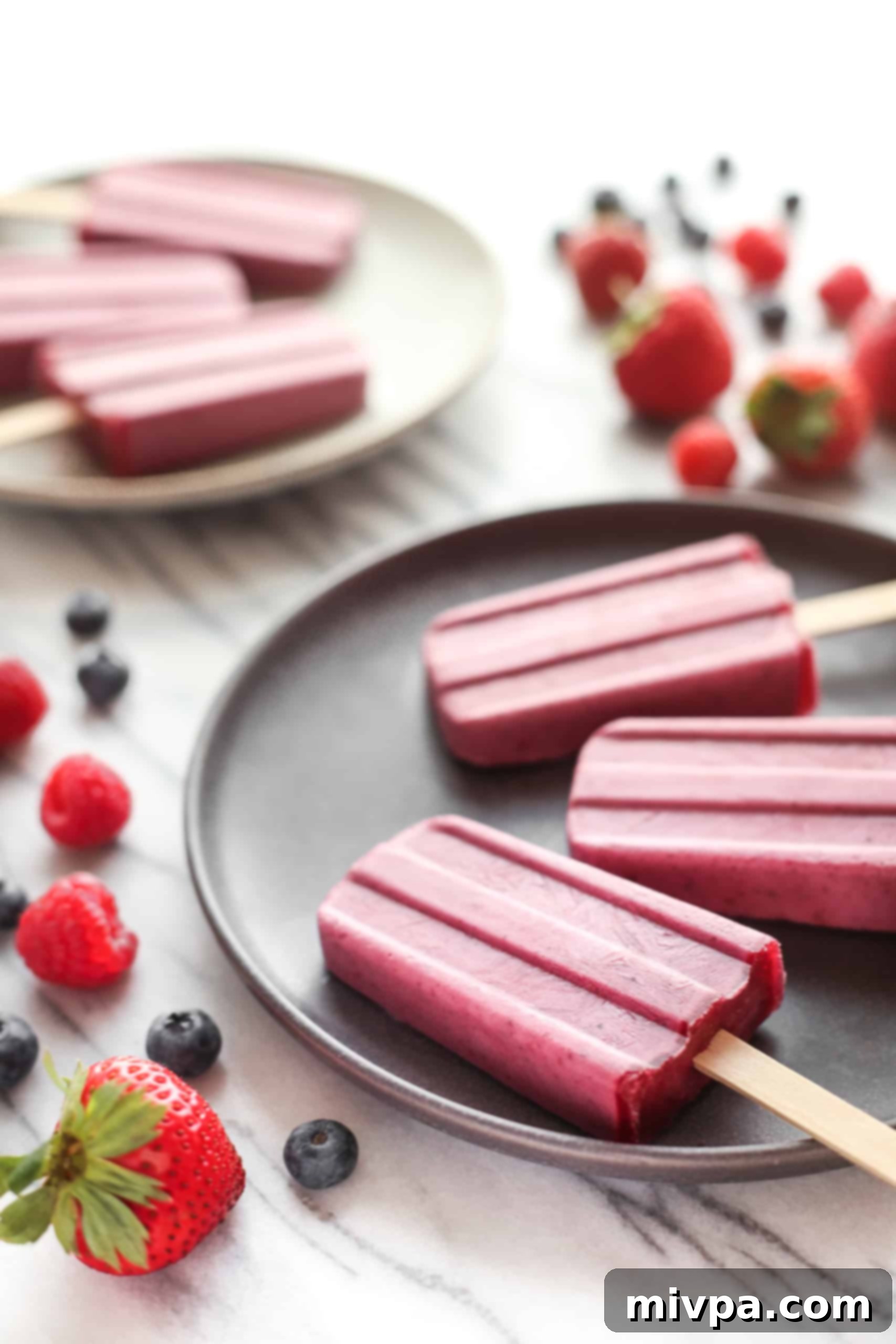 Berry yogurt popsicles arranged on a grey plate, set on a marble board, highlighting their refreshing appeal.