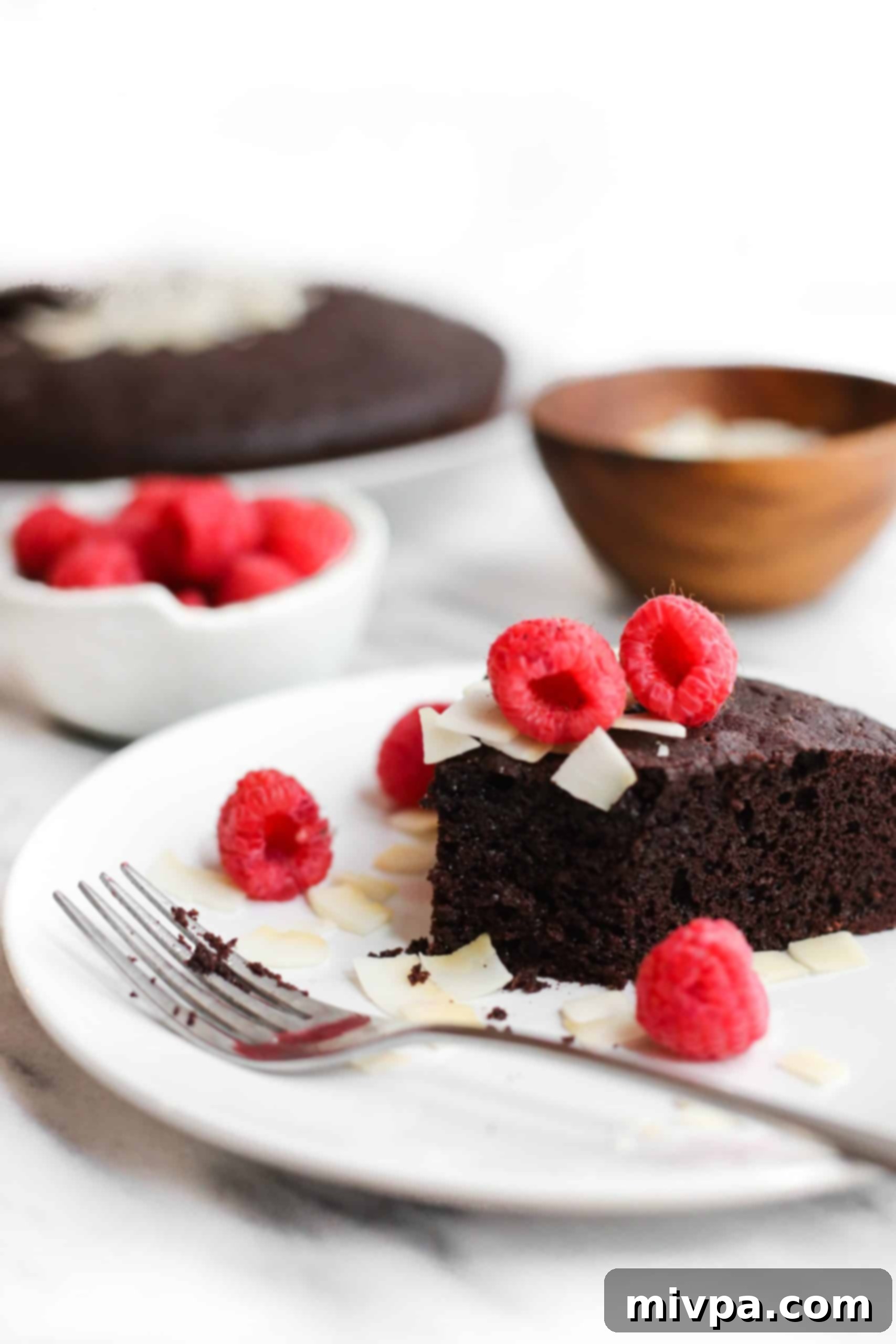 Coconut Flour Chocolate Cake (Gluten-Free, Dairy-Free) Half-eaten slice of flourless chocolate cake and a fork on a white plate.
