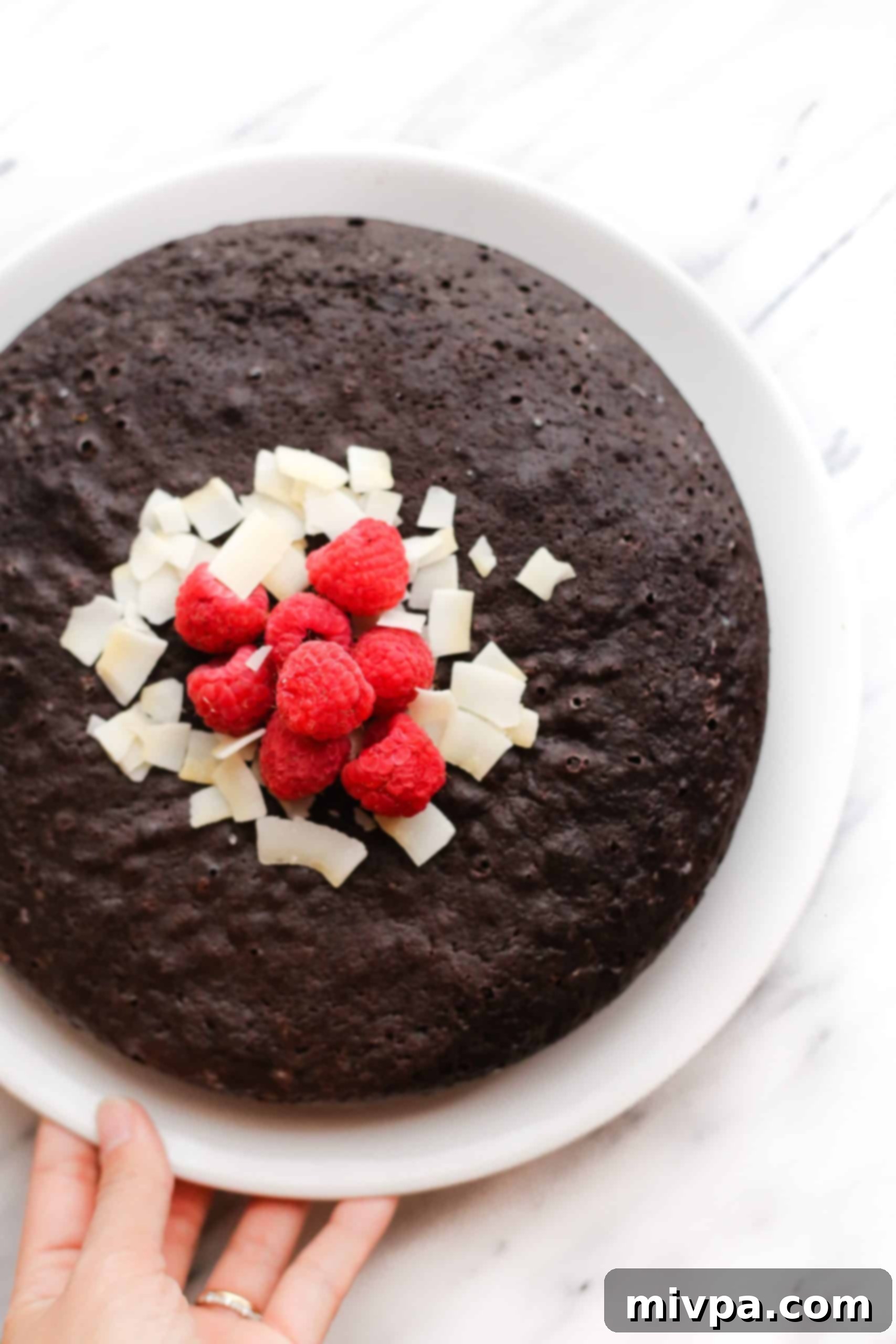 Flourless Chocolate Cake (Gluten-Free, Dairy-Free) A coconut flour chocolate cake garnished with toasted coconut chips and raspberries.