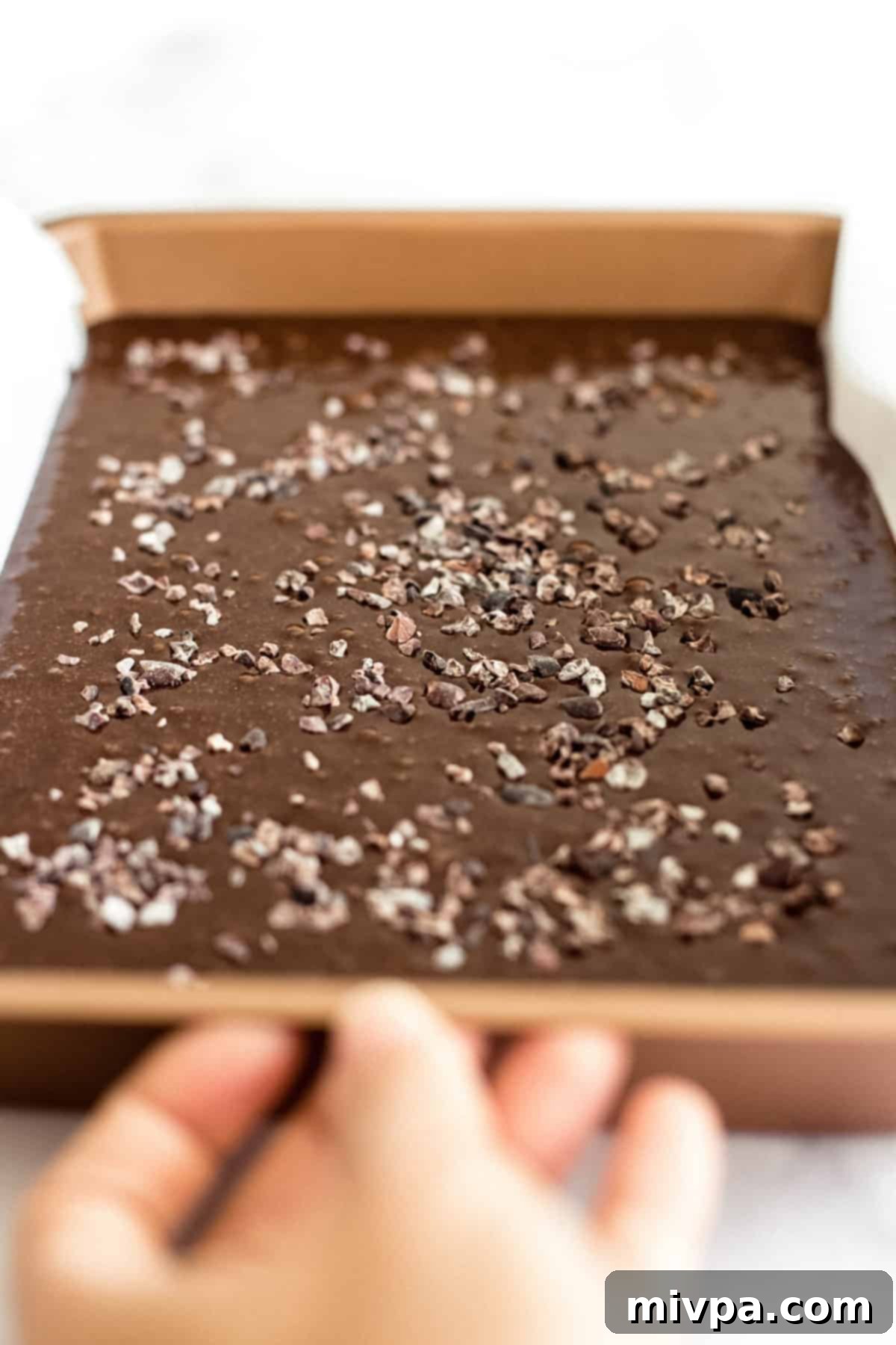 A hand placing a baking pan, filled with gluten-free brownie batter and cacao nibs, carefully into a preheated oven.
