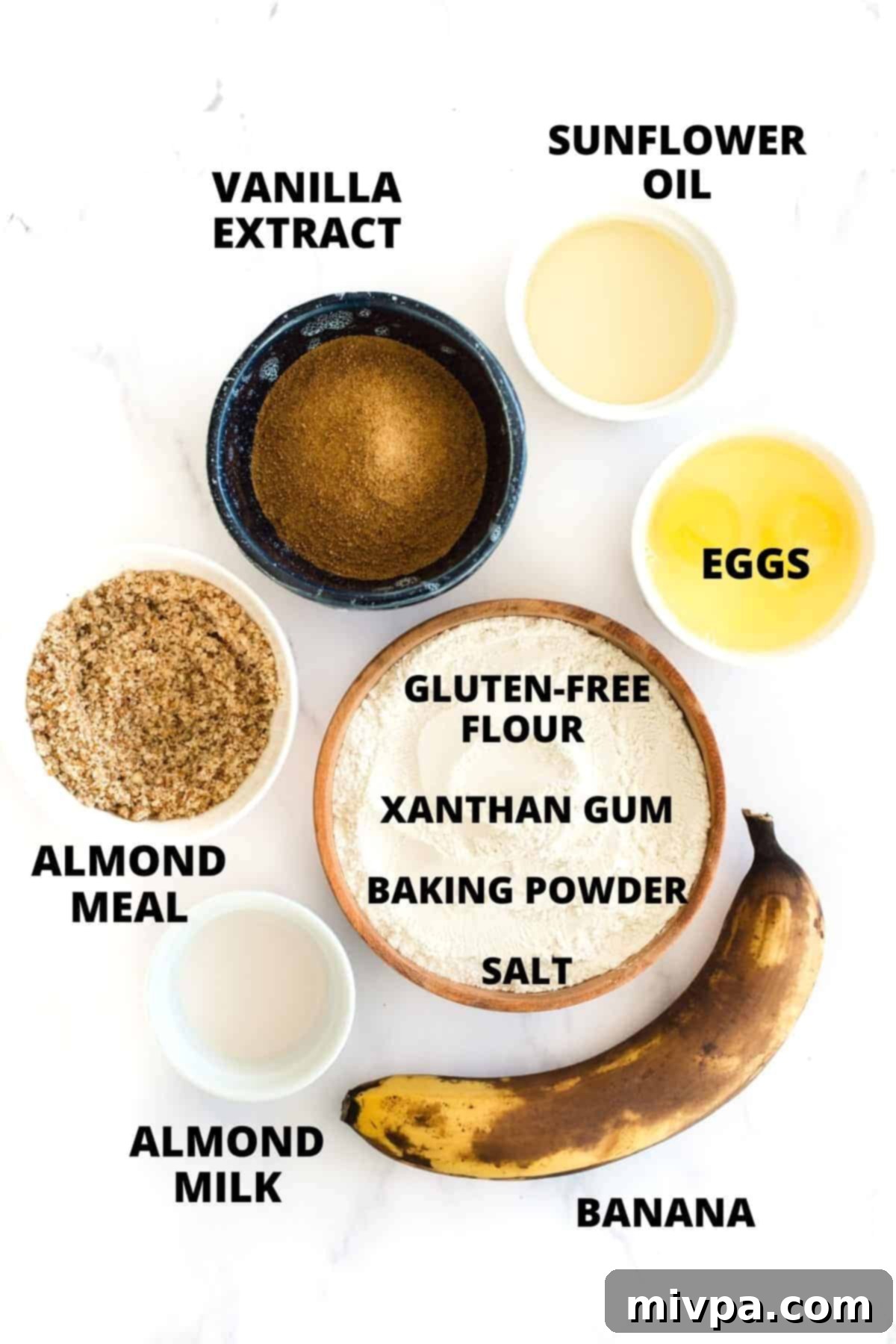 Ingredients for a gluten-free dairy-free banana bread recipe.