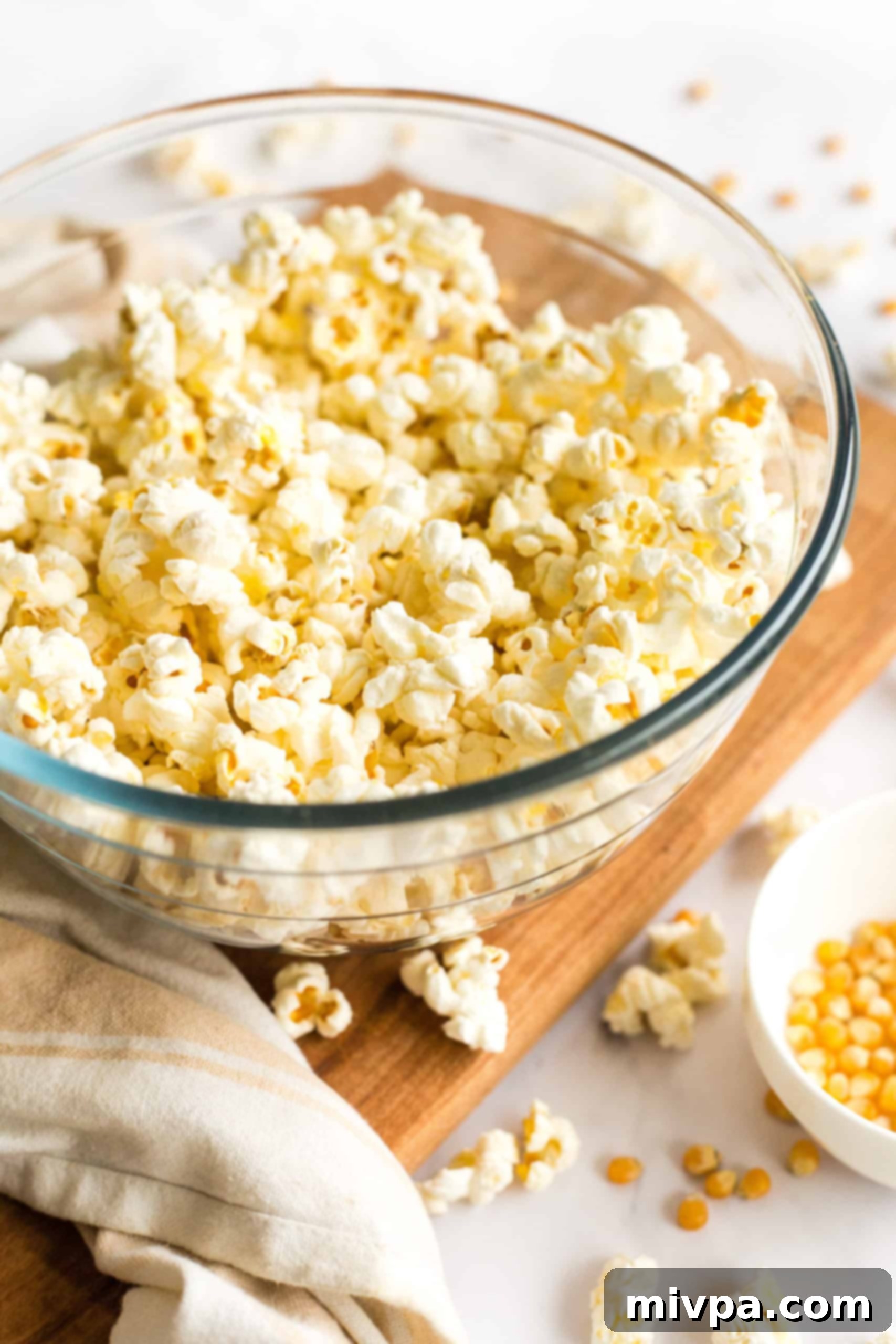 Easy Stovetop Popcorn (with Microwave option) Freshly made popcorn in a glass bowl on a wooden board.