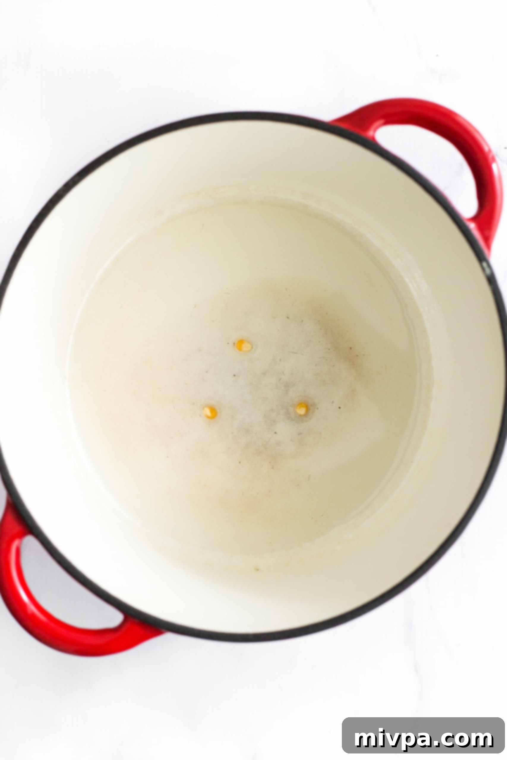 Easy Stovetop Popcorn (with Microwave option) Popcorn kernels in a Dutch oven ready to be popped.