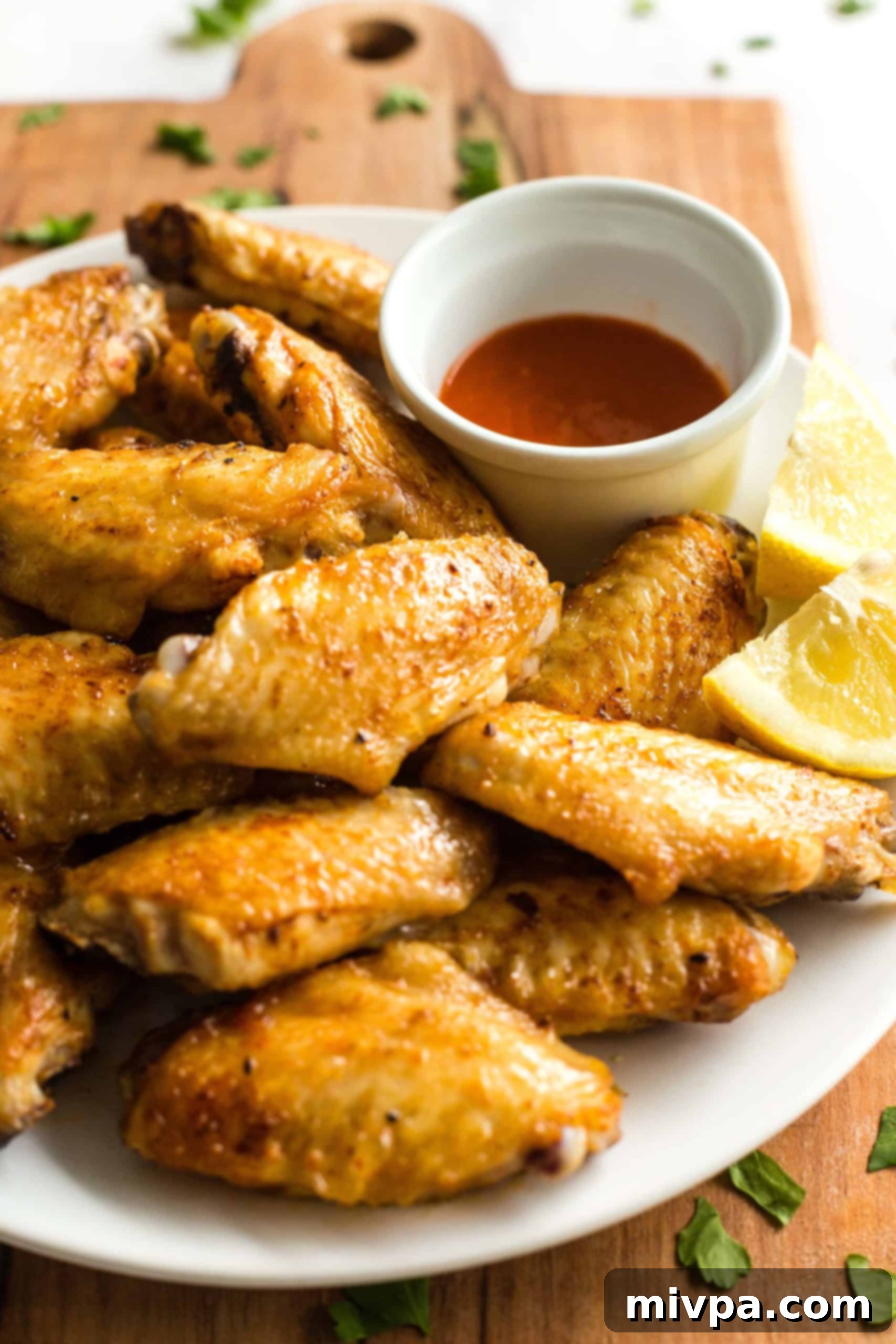 A plate of crispy air fried chicken wings on a wooden board.
