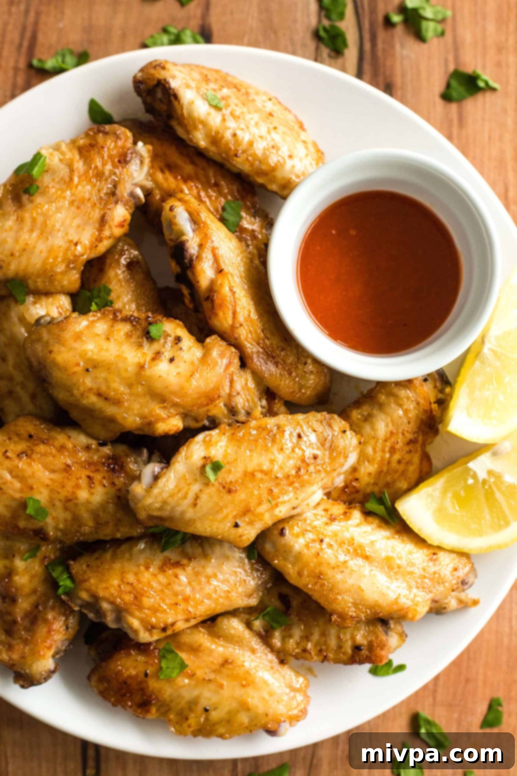 A plate of crispy air fried chicken wings and sriracha chili sauce.