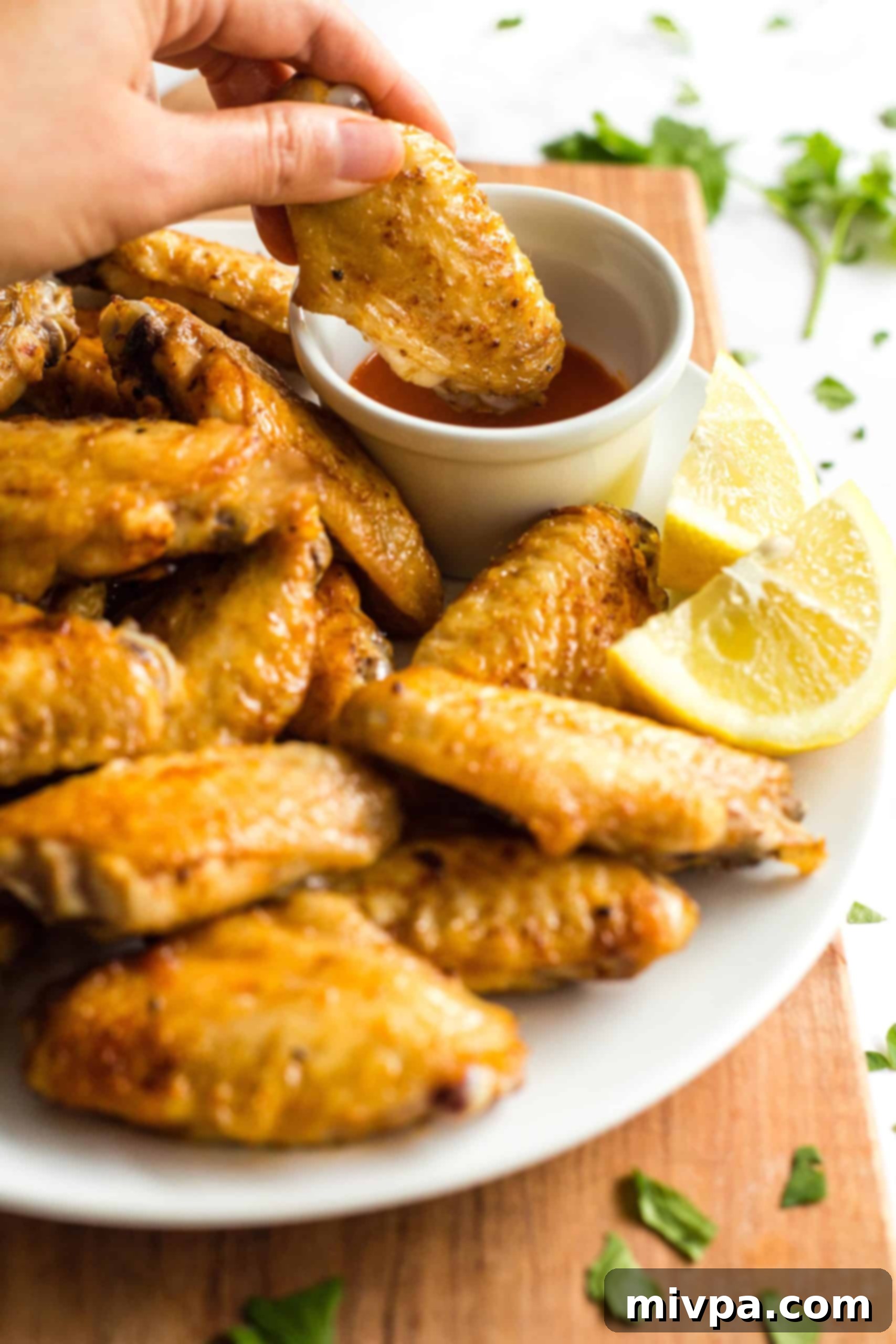 A hand dipping a chicken wing into sriracha sauce. 