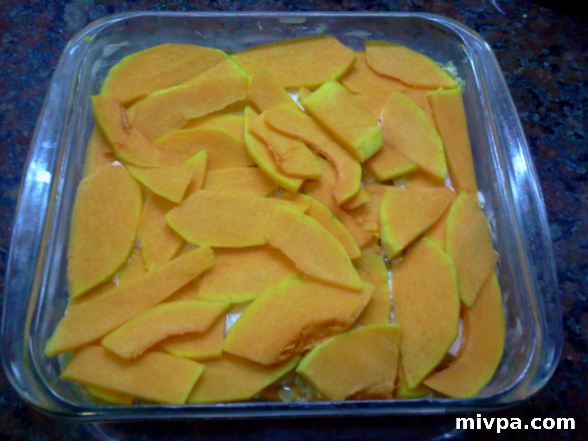 Second layer of butternut squash slices carefully arranged over the cream and onions