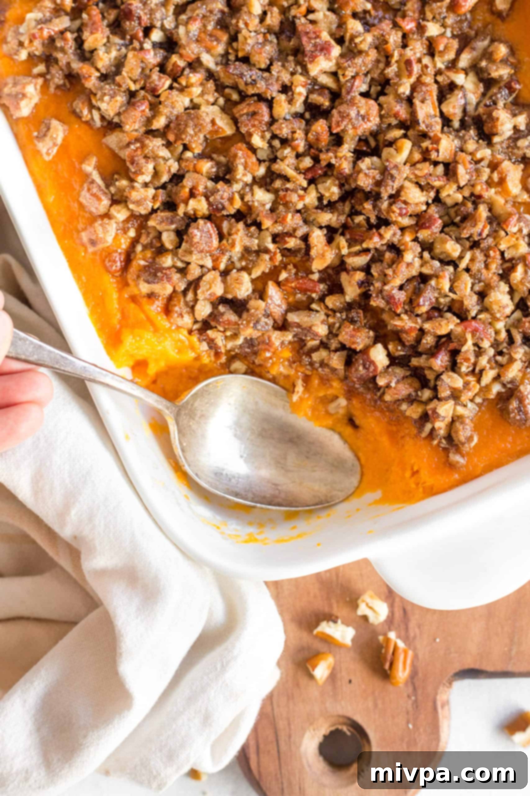 Sweet Potato Casserole (Gluten-Free, Dairy-Free) Half eaten gluten-free sweet potato casserole.