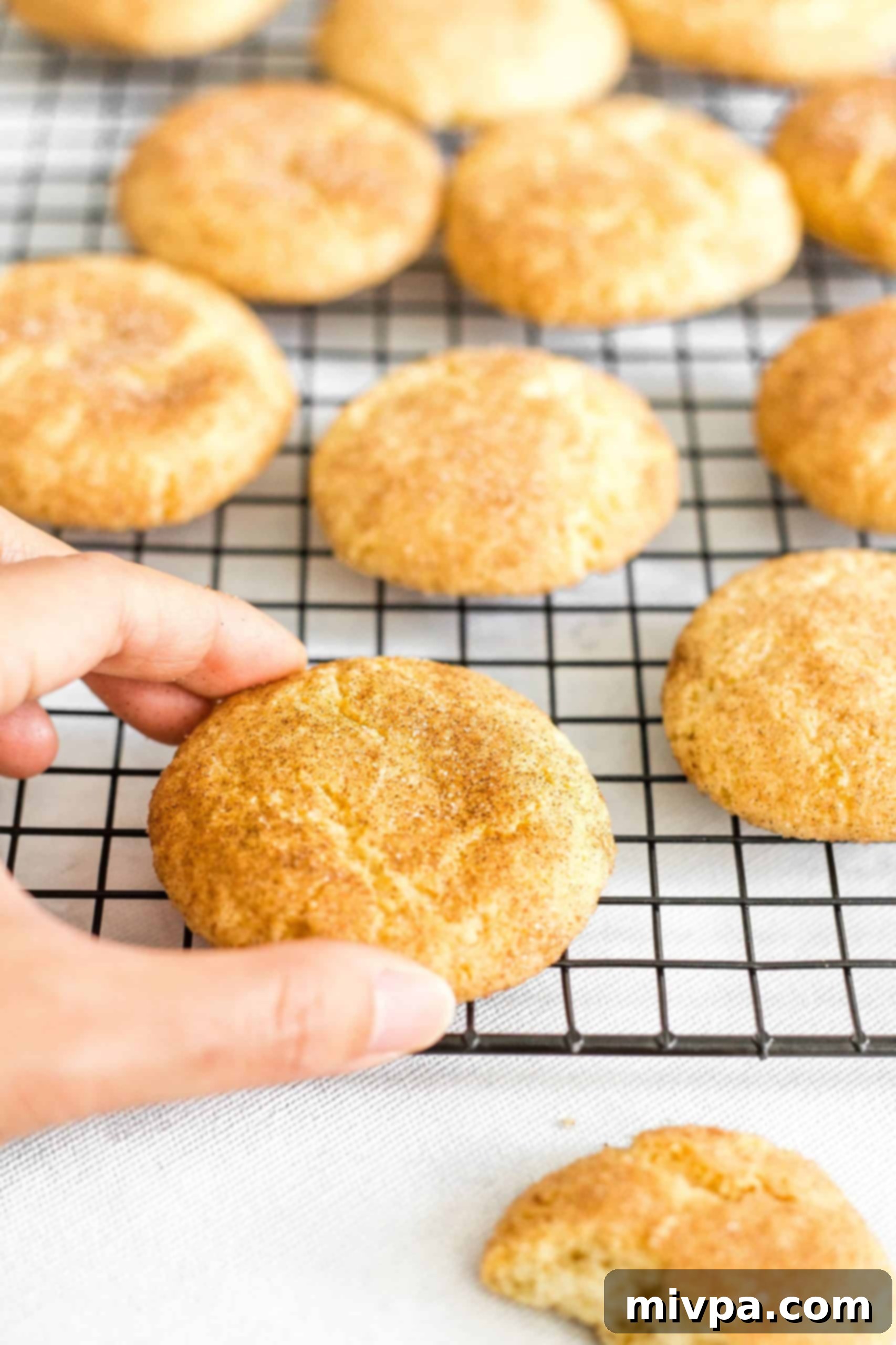 A hand reaching for delicious gluten-free snickerdoodle cookies cooling on a wire rack after being freshly baked.